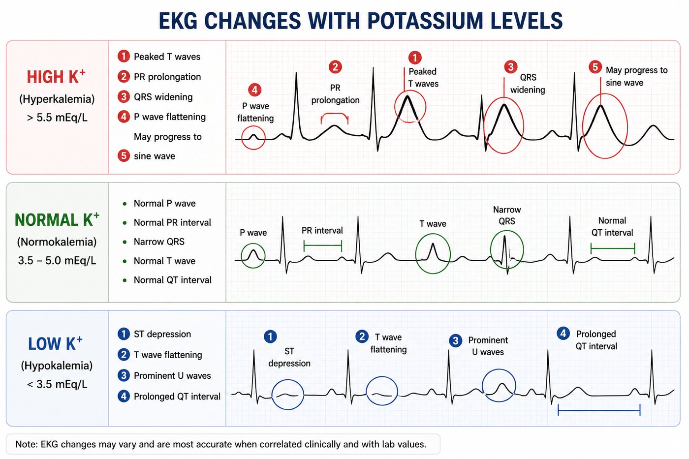 EKG Changes with Potassium Levels — Hypokalemia, Normokalemia, Hyperkalemia